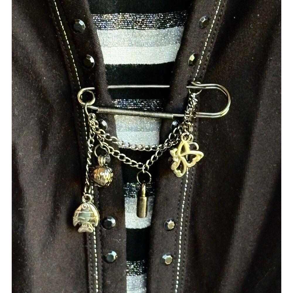 FreeDa Black & White Silver Sparkle Striped Whimsygoth Womans Large Shirt Charms - Picture 3 of 9